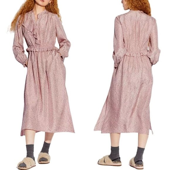 Coach Dress Women 10 Pink Silk Floral Print Ruffle Front Gathered Yoke‎ Midi - Picture 1 of 15